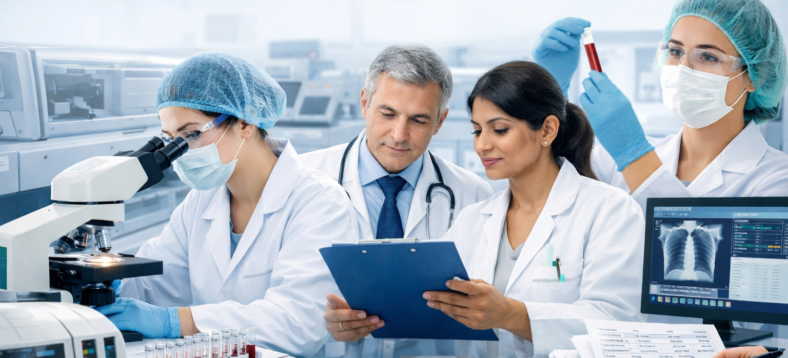 Medical professionals in laboratory setting